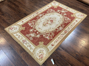 Aubusson Needlepoint Rug 5x8, Red Ivory Tan, Vintage Needlepoint Carpet 5 x 8 ft, Handmade Hand woven Wool, French European, Medium Size Rug