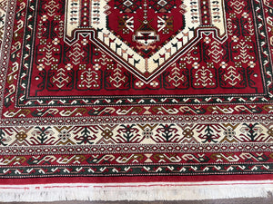 Wool Kazak Pattern Rug 7x10, Geometric Pakistani Hand Knotted Carpet, Large Medallion, Red Cream Dark Green, Room Sized Vintage Oriental Rug