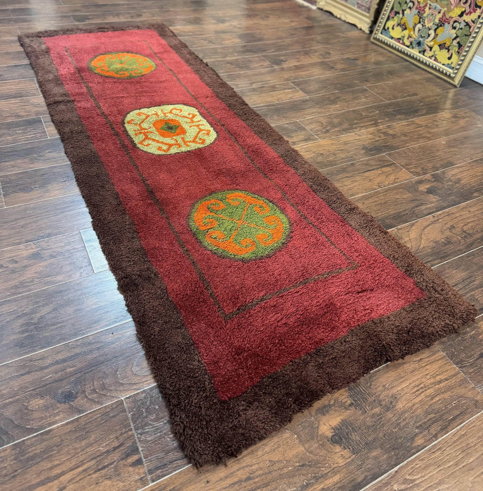 German Hooked Runner Rug 3x8, Vintage, Red, Wool