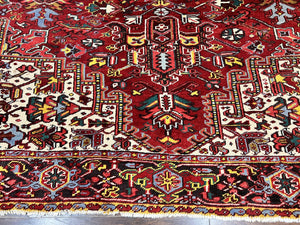 Persian Heriz Rug 10x13, Wool Hand Knotted Vintage Carpet, Geometric Medallion Tribal Oriental Rug, Red & Ivory, 10 x 13 Large Sized Rug