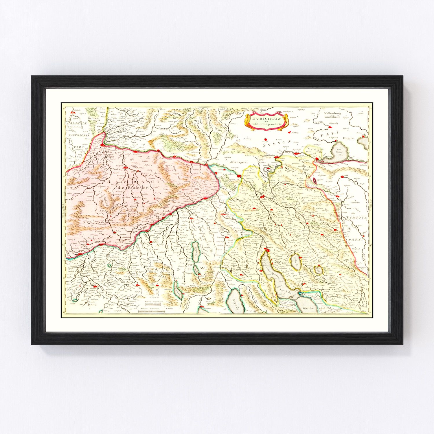 Vintage Map of Zurich Area of Switzerland 1665