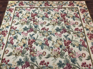 Floral Needlepoint Rug 6x9, Fruits Grapes Allover Floral Design, Beige/Cream Colorful Wool Vintage Needlepoint Carpet, Needlepoint Area Rug