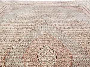 Stunning Oversized Pak Persian Oriental Rug 12x15, Hand Knotted Wool & Silk Palace Sized Carpet, Mahi Pattern, Very Fine, Peach Beige, Wow
