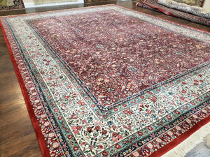 Oversized Pak Persian Rug 11x15, Large Wool Palace Carpet, Red and Ivory, Millefleur Allover Floral Pattern, Vintage Handmade Oriental Rug