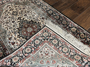 Silk Sino Persian Rug 3x5, Floral Medallion, Hand Knotted Silk Pile Silk Foundation, Traditional Silk Handmade Oriental Carpet, Cream Black
