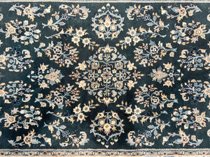 Green Indo Persian Rug 4x6, Floral Allover, Handmade Vintage Oriental Carpet, Sarouk Rug, Wool