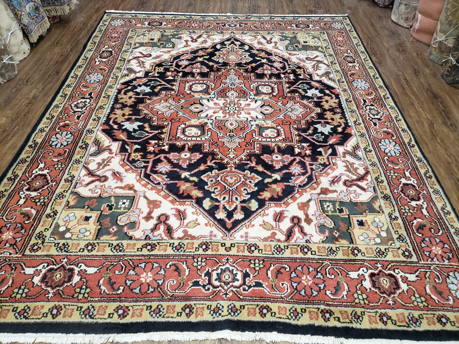Vintage Indo Heriz Area Rug 8x10, Indo Persian Carpet 8 x 10, Red Dark Blue & Beige/Cream Indian Rug, Decorative Pattern, Wool, Hand-Knotted