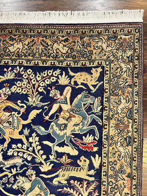Persian Qum Hunting Design Rug 4x5, Wool Hand Knotted Vintage Oriental Carpet, Navy Blue & Mustard, Horsemen Animal Pictorials, Rare