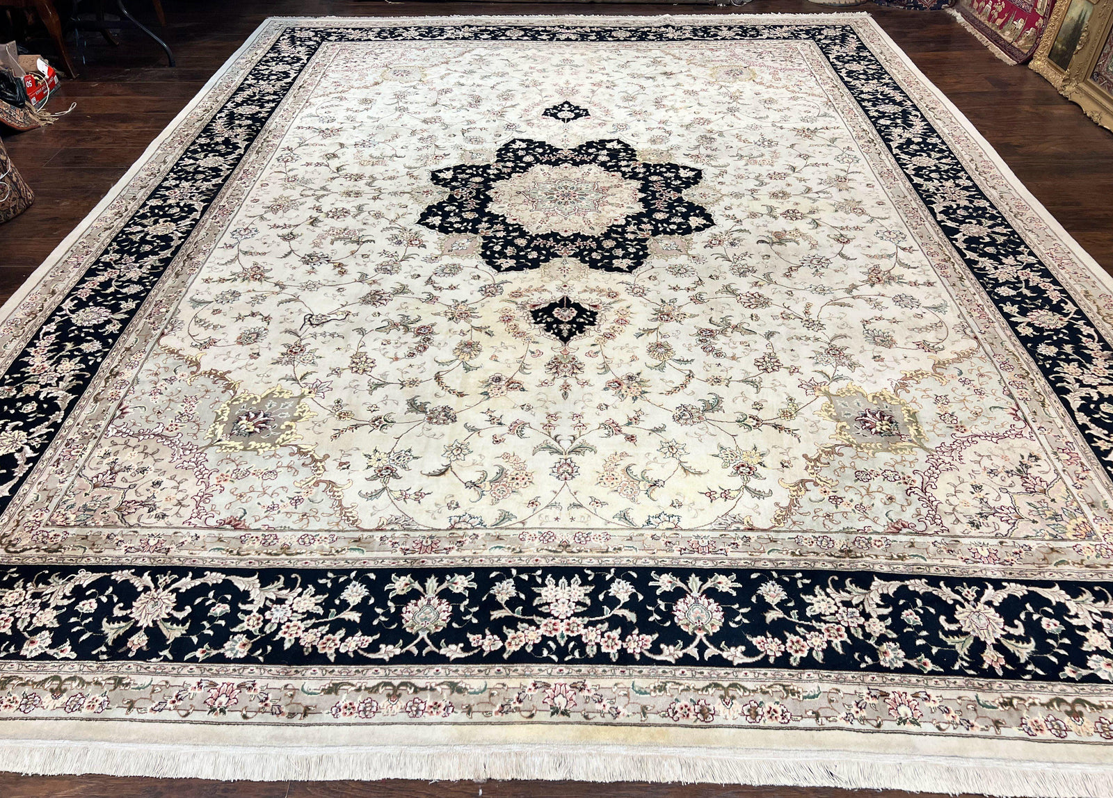 Sino Persian Rug 12x15, Ivory and Black, Floral Medallion Carpet, Large Palace Size Oriental Rug, Wool and Silk Highlights, Vintage Rug