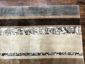 Modern Tibetan Nepali Rug 8x12, Stripe Pattern, Wool with Silk Highlights, Handmade, Beige Tan Brown
