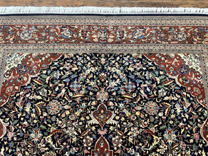 Indo Persian Rug 8x10, Floral Medallion, Vintage Handmade Wool Carpet, Navy Blue and Red, Fine 300 KPSI