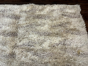 European Rya Shag Rug 6.6 x 9.7, Beige, Fluffy Vintage Area Rug