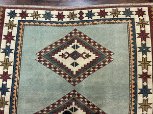 Turkish Kazak Rug 4x6, Geometric Medallion, Caucasian Design Rug, Semi Antique Vintage, Mint Green Maroon Ivory