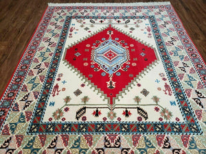 Vintage Moroccan Carpet 5x7 Area Rug, Berber Rug, Handmade Soft Wool Rug, Red Ivory and Blue, Geometric Medallion Rug, Bohemian Rug, Nice