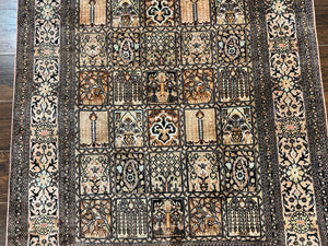 Indian Kashmiri Silk Rug 4x6, Panel Design, Multicolor, Fine