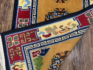 Vintage Chinese Art Deco Rug 3x6, Orange Dark Blue Maroon Chinese Peking Carpet, Asian Oriental Wool Rug, Bold Colors, Bedroom Rug, Hallway
