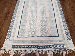 Vintage Moroccan Kilim Area Rug 4x6, Ivory & Blues, Moroccan Wall Hanging, Wool, Handmade, 3'9" x 6' 1", Boho Rug, Flatweave Moroccan Carpet