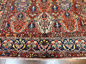 Large Persian Bakhtiari Rug 10x14, Rare Perisan Tribal Rug, Red Blue Ivory Multicolor, Hand Knotted, Semi Antique Carpet