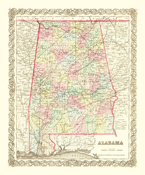 Vintage Map of Alabama 1855
