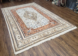 6x9 Vintage Indo-Persian Area Rug, Wool Hand-Knotted Carpet, Ivory & Squash Orange, Floral Medallion Tribal Rug, Indian Carpet, Decorative
