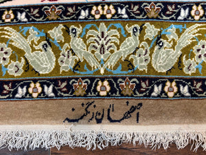 Very Fine Small Persian Isfahan Rug 2.6 x 4, Kork Wool on Silk Hand-Knotted Vintage Animal Pictorials Birds Vase, Signature Masterweaver, Orange