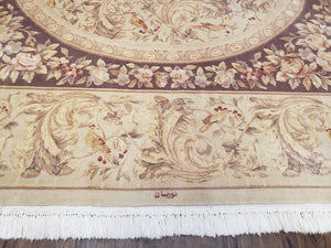 Chinese Aubusson Savonnerie Area Rug 8x12, Vintage 120 Line Carpet, Wool and Silk Hand-Knotted, Birds Flowers Master Weaver Signature