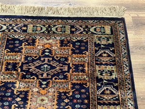 Vintage Afghan Rug 4x6, Navy Blue and Light Brown, Geometric Medallions, Wool on Wool, Tribal Rug