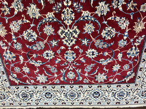 Persian Nain Rug 6x10, Wool and Silk Highlights, Red and Ivory, Floral Medallion, Vintage Handmade Hand Knotted, Fine 225 KPSI, Traditional Rug