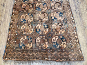 Antique Afghan Tribal Area Rug 4' x 7' 8", Afghanistan Bashir Oriental Carpet, Hand-Knotted Brown Vintage Rug, Wool on Wool Corridor Rug