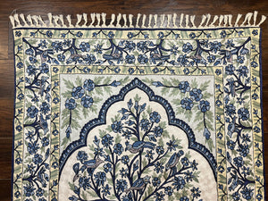 Tree of Life Indian Hand Stitched Rug 4x6, Indian Wall Hanging Rug, Ivory Blue, Silk on Cotton, Vintage