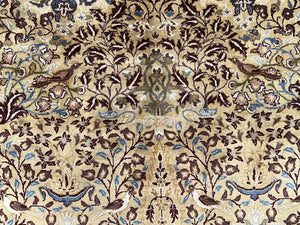 Pretty Indo Persian Rug 6x9, Allover Floral Motif with Birds, Tan/Cream, Very Fine Oriental Carpet, Hand Knotted Vintage Indian Wool Rug