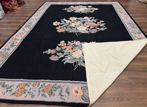Black Needlepoint Rug 8x11 with Multicolor Flowers, Vintage Carpet