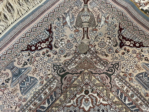 Very Fine Sino Persian Silk Rug 4x6, Floral Medallion, Hand Knotted, Silk Pile on Silk Foundation, Ivory, Vintage Handmade Oriental Carpet
