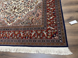 Beautiful Sino Persian Rug 7x10, Circle of Life Tree of Life Rug, Birds, Cream Red Navy Blue Taupe, Wool Silk Accents, Hand Knotted Vintage