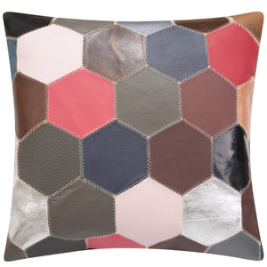 Multicolor Genuine Cowhide Leather Decorative Throw Pillow - Handmade Patchwork Hexagonal Design