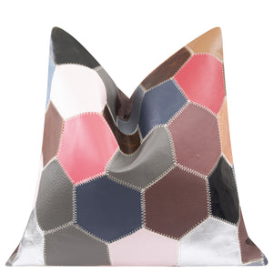 Multicolor Genuine Cowhide Leather Decorative Throw Pillow - Handmade Patchwork Hexagonal Design