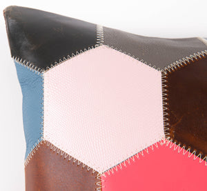 Multicolor Genuine Cowhide Leather Decorative Throw Pillow - Handmade Patchwork Hexagonal Design