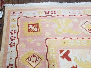 Large Turkish Kilim Carpet 10x14, Vintage Hand-Knotted Turkish Kilim Rug 10 x 14, Pink Cream Yellow Red, Decorative, Geometric, Unique