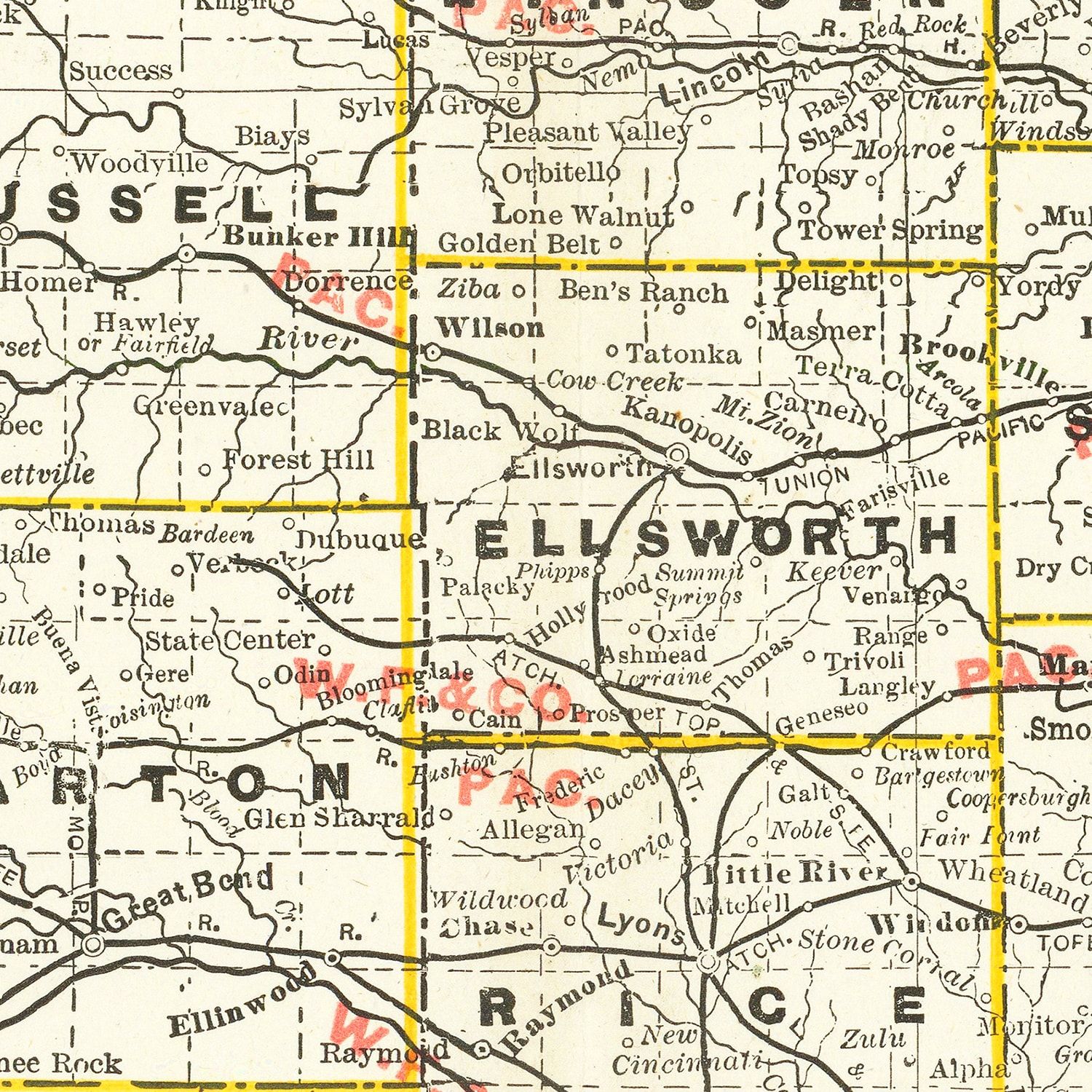 Vintage Railroad Map of Kansas 1888