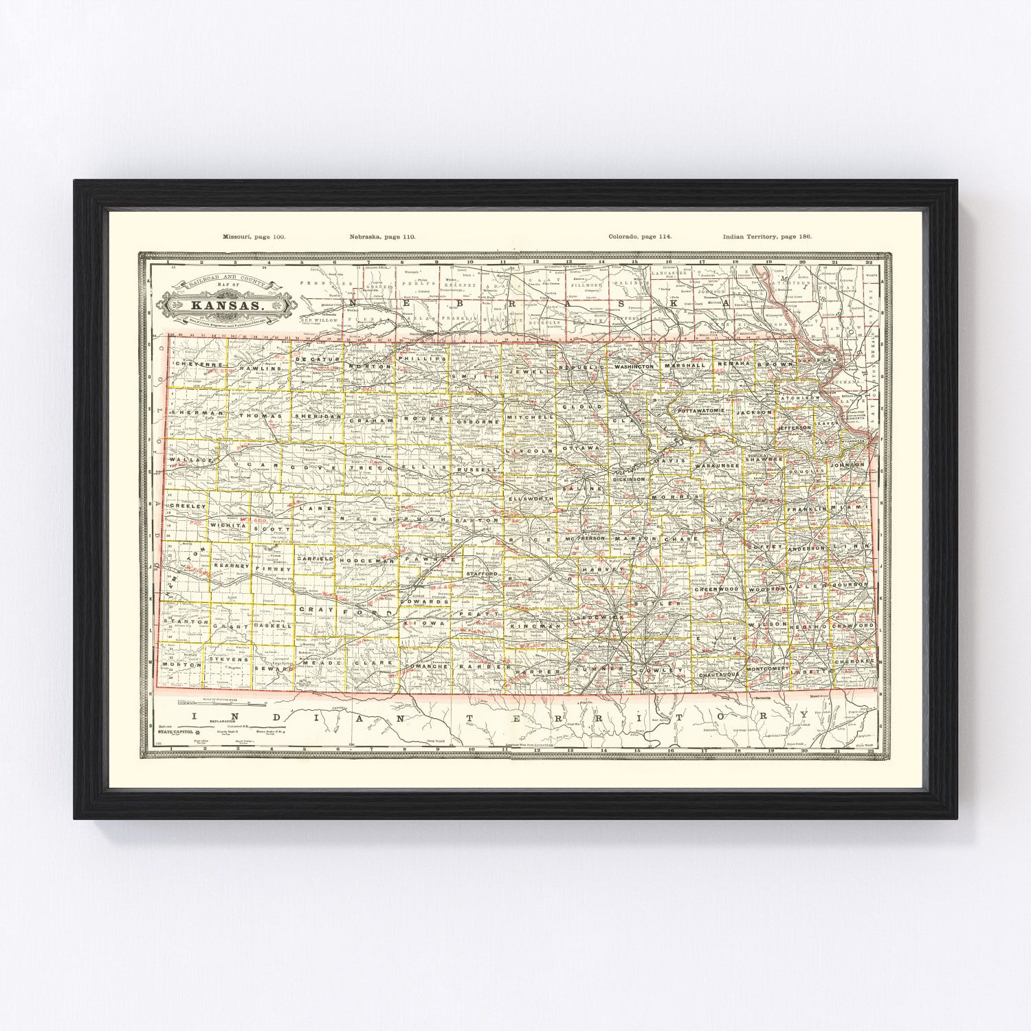 Vintage Railroad Map of Kansas 1888