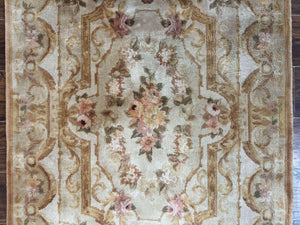 Chinese Aubusson Rug 3.6 x 5, Beige and Gold, Handmade Vintage Elegant European Design Carpet, Plush Wool, Handmade