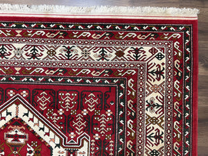 Wool Kazak Pattern Rug 7x10, Geometric Pakistani Hand Knotted Carpet, Large Medallion, Red Cream Dark Green, Room Sized Vintage Oriental Rug