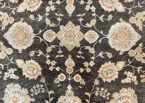 Indo Persian Rug 9x12, Sultanabad Indian Carpet, Dark Brown, Hand Knotted Vintage Wool Rug