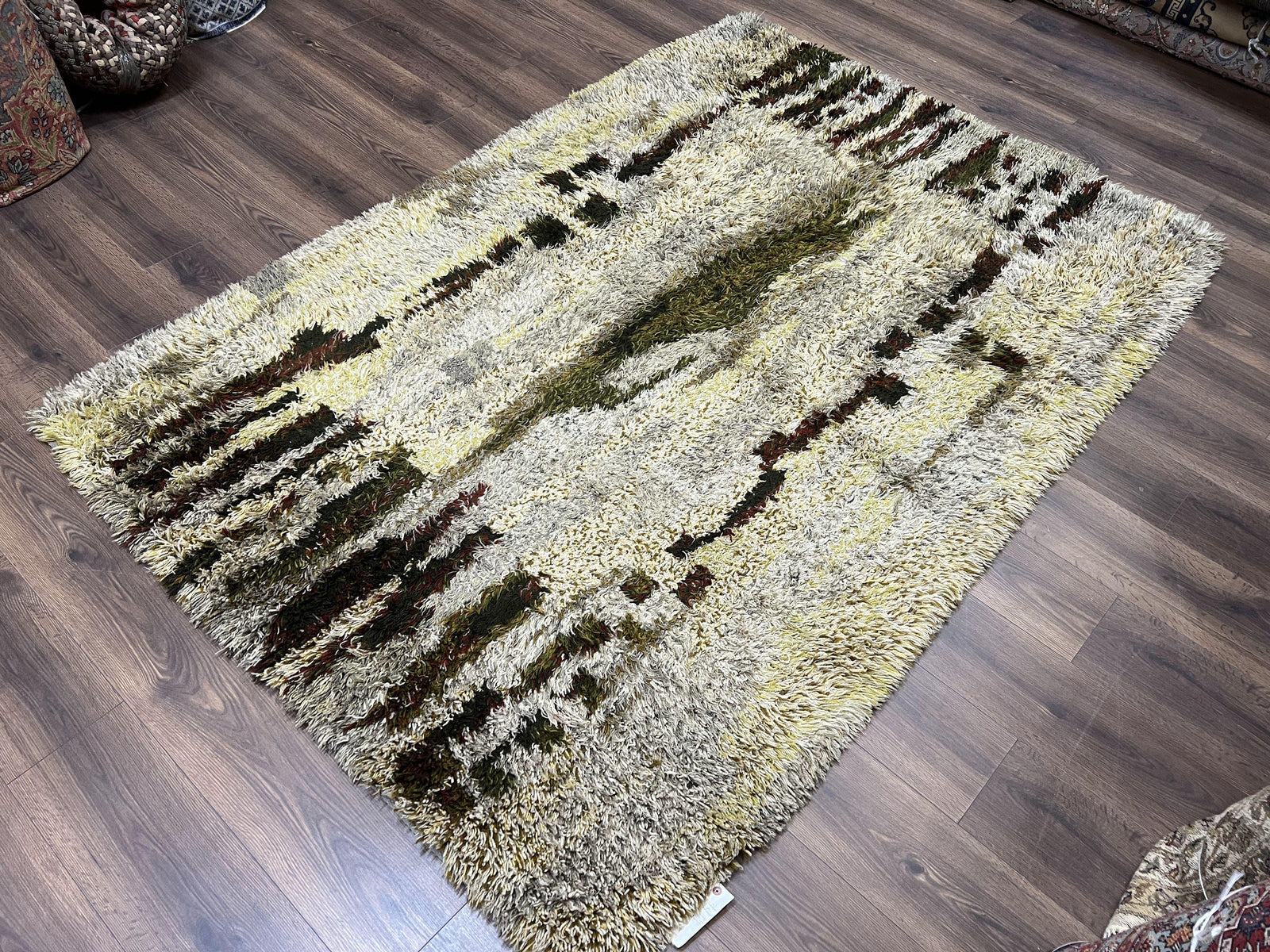 Swedish Rya Shag Rug 5x8, Multicolor Abstract Mid Century Vintage Retro Shag Rug, Soft Fluffy High Pile, Cream Gray Greens, 5 x 8 Shag Rug