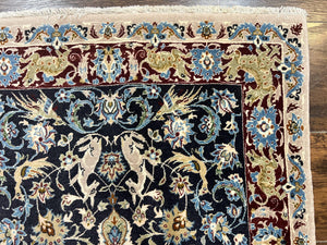 Wonderful Persian Isfahan Rug 2.4 x 4, Animal Pictorials Deer, Floral, Handmade Vintage Navy Blue Small Persian Carpet, Very Fine 430 KPSI Kork Wool
