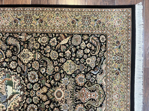Pak Persian Rug 4x6, Wool Hand Knotted Vintage Carpet, Black & Olive Green, Bird Pictorials, Floral Fine Oriental Rug