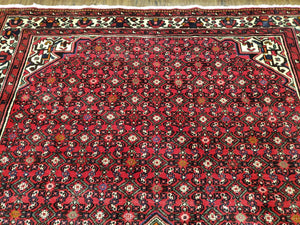 Vintage Persian Hamedan Rug 7x10, Angelas Mahi Pattern, Red, Wool, Hand-Knotted