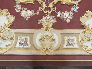 Aubusson Rug 9x12, Red Ivory Gold Tan, Handmade Hand Woven Aubusson Savonnerie Carpet, Vintage Flatweave Room Sized Aubusson Area Rug 9 x 12