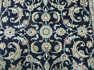 Persian Nain Rug 4x7, Navy Blue and Ivory, Handmade, Wool & Silk Highlights, Fine Oriental Rug, Vintage