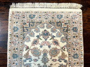 Indo Persian Runner Rug 2.5 x 9.5, Handmade Vintage Wool Rug for Hallway, Floral, Ivory